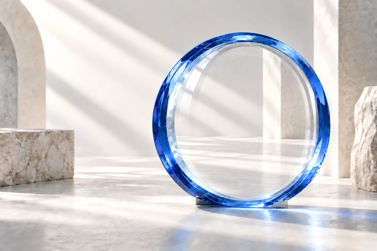 A clear curved lens in a deep cobalt glass rim, resting on a discreet support in a sunlit ivory room