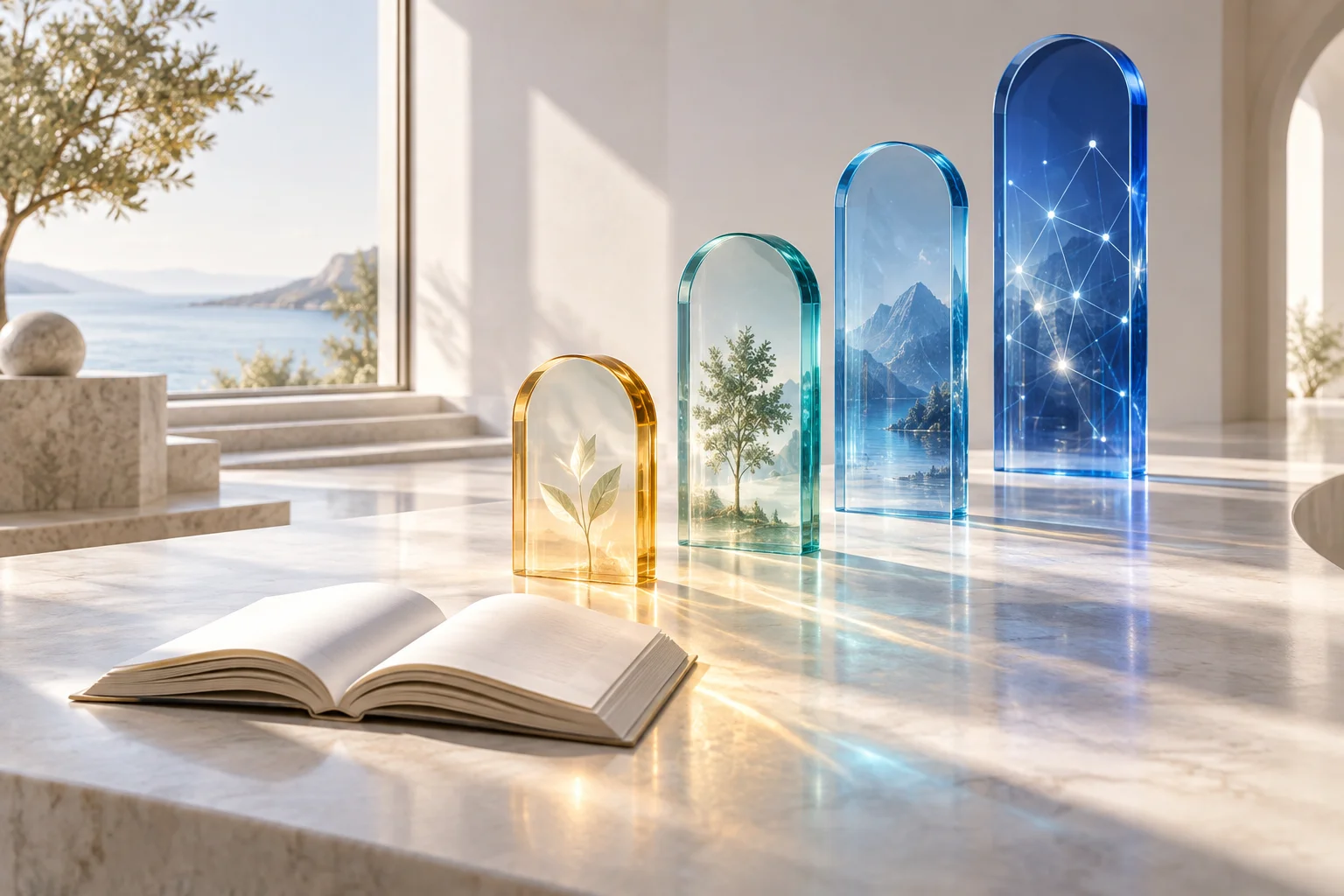 An open book and four luminous glass portals, a journey from library roots to connected knowledge